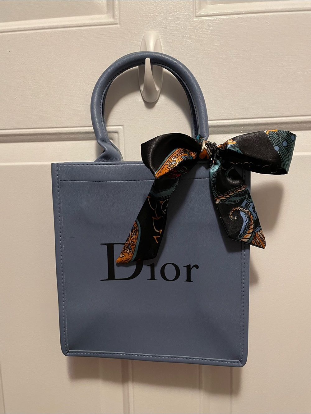 Fashion vegan leather blue Mini Tote Bag with Decorative Scarf - Picture 3 of 7